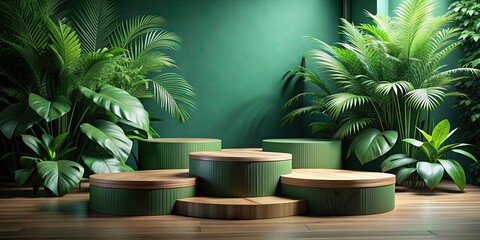 Obraz premium Nature-inspired green wood podiums and jungle platforms for product displays , green, wood, podium, jungle, platform