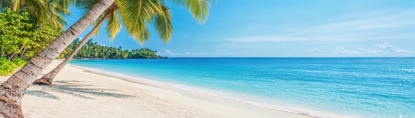 A serene beach scene featuring palm trees, clear blue water, and a bright sky. Perfect for vacation and relaxation themes.