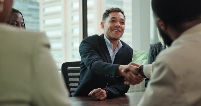 Shaking hands, man and legal team in meeting, funding offer and negotiation agreement in office. Employees, thank you and attorney deal for investment, collaboration and applause for partnership