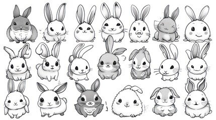 Fototapeta premium Collection of 20 adorable cartoon rabbits in black and white.