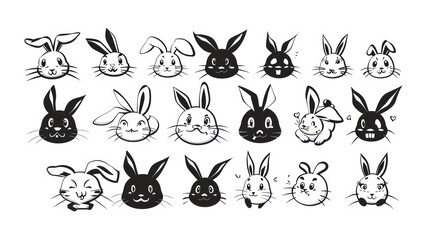 Fototapeta premium Black and white cartoon rabbit faces with different expressions.