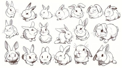 Hand-drawn illustration of 18 cute bunnies in various poses.