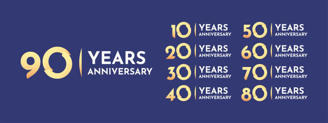 Set 10 20 30 to 90 years anniversary logo concept design