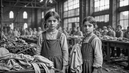 Portrait of Two Young Female Laborers in a Factory, Early 1900s - Generative AI