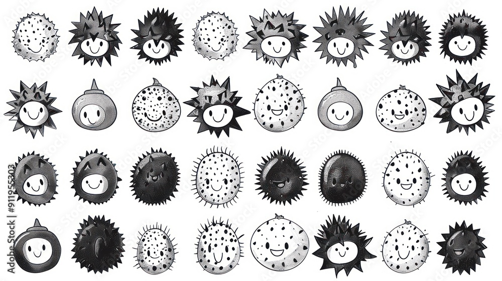 Sticker Collection of 28 cartoon spiky balls with cute faces.