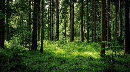 Fototapeta premium Serene Forest Background with Lush Greenery and Sunlight Filtering Through Trees