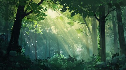 Serene Forest Background with Lush Greenery and Sunlight Filtering Through Trees