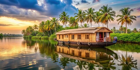 Houseboat floating on serene backwaters of Alappuzha, Kerala , houseboat, Alappuzha, backwaters, Kerala, India, tourism