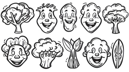 Set of 8 hand-drawn cartoon broccoli characters.