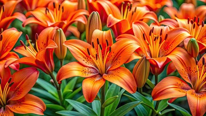 Fototapeta premium Cluster of vibrant orange lilies in full bloom, flower, orange, lilies, vibrant, cluster, summer, bloom, garden, foliage