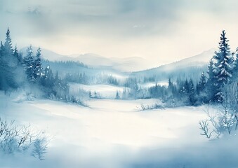 Obraz premium Serene Winter Landscape Featuring Snow-Covered Pines Under Soft Morning Light