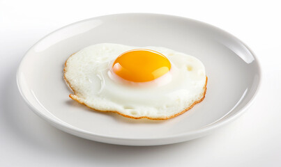 One fried egg on a white plate isolated on white background