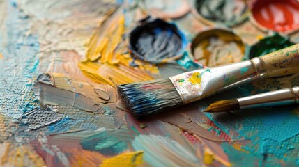 Fototapeta premium Artistic Paintbrush and Palette, Essential Tools for Painting, Vibrant Colors on a Wooden Palette, Creative Expression in Action.