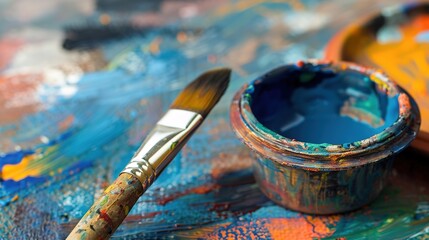 Fototapeta premium Artistic Paintbrush and Palette, Essential Tools for Painting, Vibrant Colors on a Wooden Palette, Creative Expression in Action.