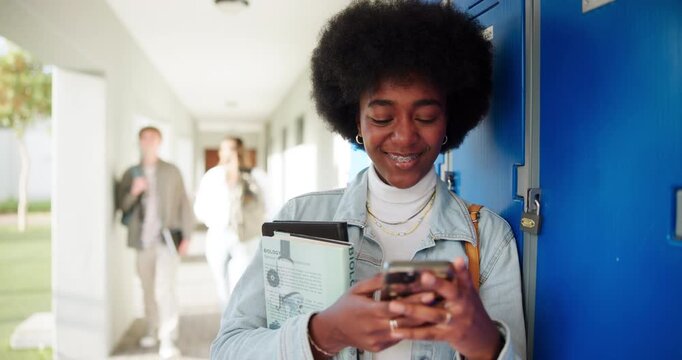 Surprised, girl student and smartphone in university for education, online results or assessment mark. Corridor, black person or mobile app with shock for academic grade, english quiz or top achiever