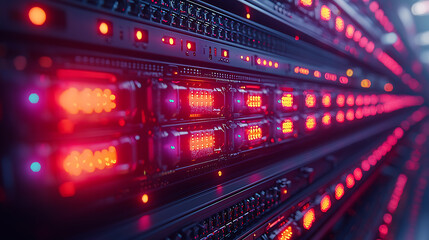 Fototapeta premium Close-up of a server rack with neatly organized cables and blinking LED indicators in a high-tech data center, with more server racks in the background. 