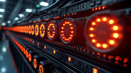 Obraz premium Close-up of a server rack with neatly organized cables and blinking LED indicators in a high-tech data center, with more server racks in the background. 