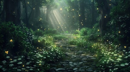 Mystical Forest Path with Glowing Lights and Flowers