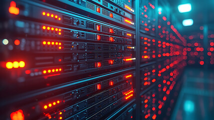 Naklejka premium Close-up of a server rack with neatly organized cables and blinking LED indicators in a high-tech data center, with more server racks in the background. 