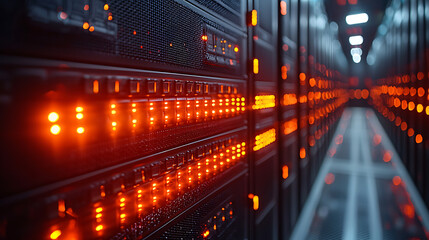 Obraz premium Close-up of a server rack with neatly organized cables and blinking LED indicators in a high-tech data center, with more server racks in the background. 