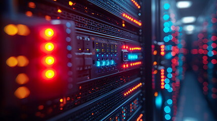 Fototapeta premium Close-up of a server rack with neatly organized cables and blinking LED indicators in a high-tech data center, with more server racks in the background. 