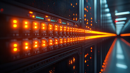 Obraz premium Close-up of a server rack with neatly organized cables and blinking LED indicators in a high-tech data center, with more server racks in the background. 
