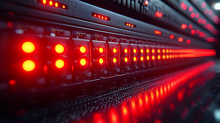 Obraz premium Close-up of a server rack with neatly organized cables and blinking LED indicators in a high-tech data center, with more server racks in the background. 