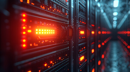 Obraz premium Close-up of a server rack with neatly organized cables and blinking LED indicators in a high-tech data center, with more server racks in the background. 