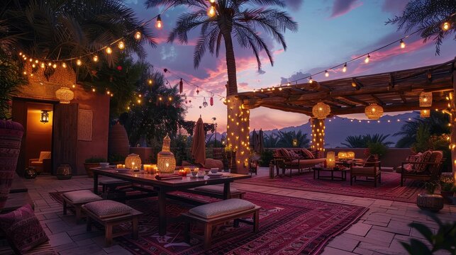 Outdoor Dining Area with Moroccan Decor and Sunset Views