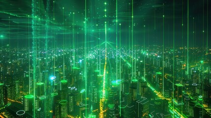 Fototapeta premium Futuristic Cityscape with Green Laser Beams Illuminating Skyscrapers