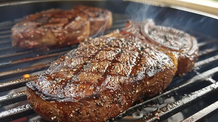 "Gourmet Christmas Feast: Rib Eye Steak Perfectly Grilled on a Panoramic Open Fire for the Holiday Season."