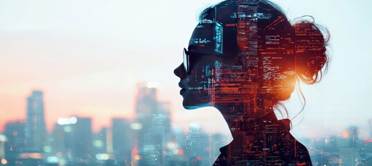 Woman silhouette with cityscape overlay.