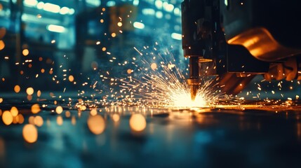 Close-up of skilled worker operating welding machine, sparks flying while welding metal parts in industrial plant