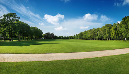 Obraz premium 青空と芝生。広い公園。Blue sky and grass. A large park.