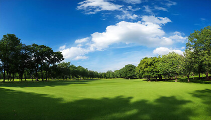 Obraz premium 青空と芝生。広い公園。Blue sky and grass. A large park.