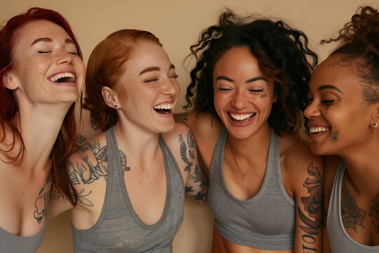 Feminism, a group of multicultural empowered women, smiling and looking with a confident look, women with tattoos and diverse hair styles.