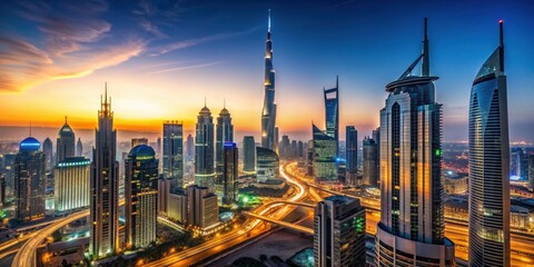 Fototapeta premium Futuristic Dubai skyline overlooking city lights and skyscrapers at dusk in the UAE, Dubai