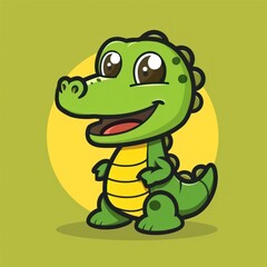 Fototapeta premium Cute green cartoon crocodile with big eyes, standing on yellow circle background.
