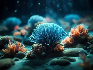 Obraz premium A breathtakingly detailed, highly realistic, and vividly colored cinematic photograph of the deep sea, evoking the sense of being immersed in the darkest Generative AI