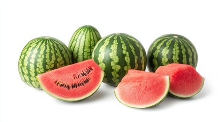 A collection of watermelons, focusing on a close-up of a juicy slice with seeds, against a white background, highlighting freshness