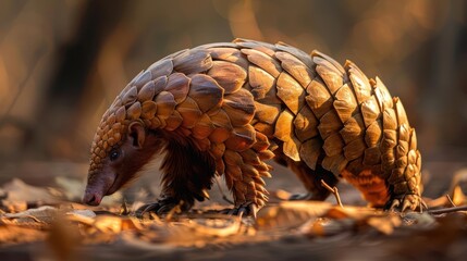 An adorable pangolin walking on fallen leaves next to a tree trunk.