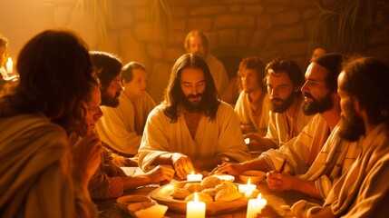 Jesus shares bread and wine with his disciples, symbolizing communion, in a candlelit room, embodying the essence of their final meal together.