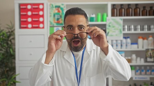 Young hispanic man, a pharmacist garbed in his uniform, with an open mouth of amazed disbelief and fear on his face standing in the pharmacy