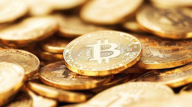 Numerous Bitcoin coins stacked together, showcasing their shiny golden appearance and distinct design