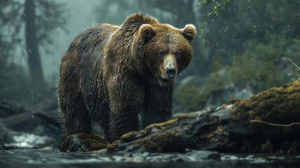 Fototapeta premium A powerful brown bear walking through a forested area on a misty day.