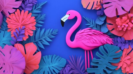 Obraz premium A vibrant neon flamingo stands amidst colorful tropical plants, creating a lively and cheerful atmosphere