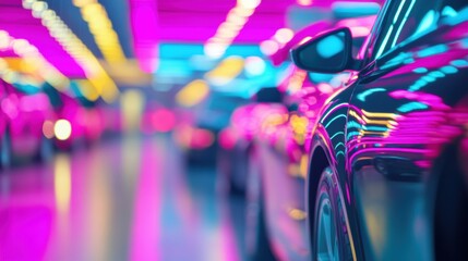 Obraz premium A row of cars showcases vibrant colors and dynamic lighting in a modern showroom