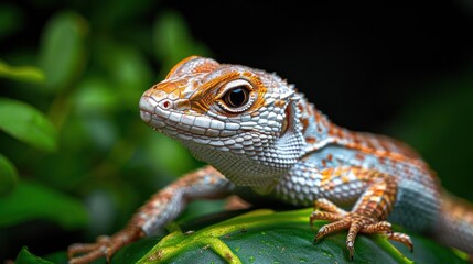 Fototapeta premium A close up of a colorful lizard, possibly a chameleon with an orange face, on green leaves and foliage.