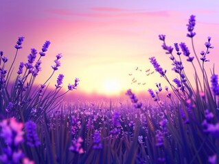 Fototapeta premium Purple flowers blooming in a field at sunset.