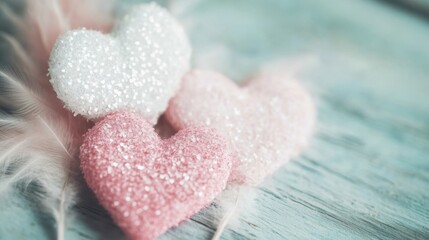 Obraz premium Delicate pink and white glittering hearts rest gently on soft feathers against a rustic wooden backdrop